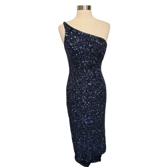 90s Vintage Fully Beaded Gown Blue Scala Size XL Silk One Shoulder - Picture 1 of 9